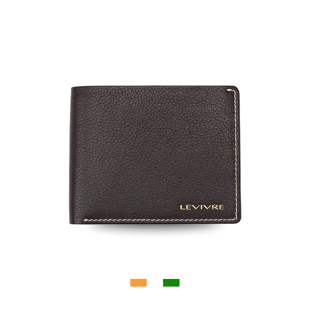 Levivre Flat Grain Brown Leather Billfold Wallet - Front